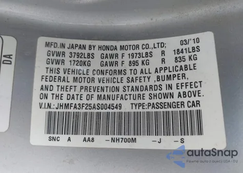 2010 Honda Civic Hybrid from USA, damaged, VIN JHMFA3F25AS004549